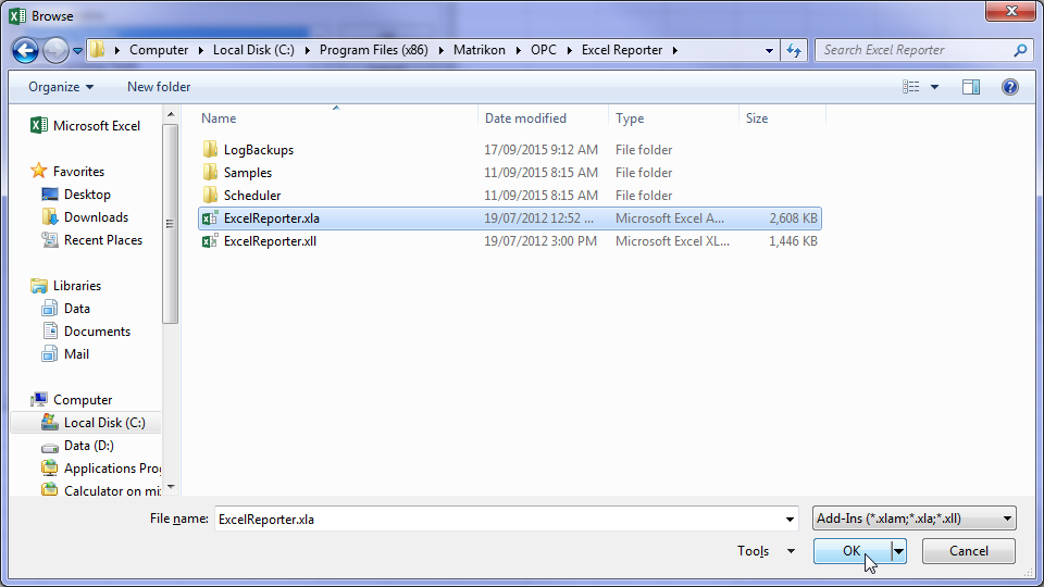 How to manually add Excel Reporter Add-In?